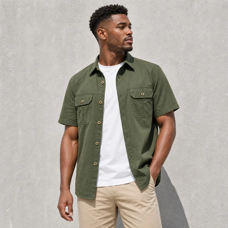 

Men's Casual Short Sleeve Button Up Shirt Solid Color Pocket Shirt Workwear Utility Outdoor Summer Top
