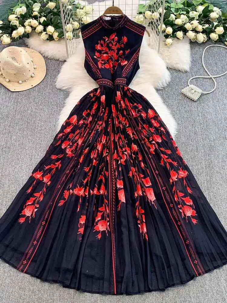 แฟชั่นElegantจีบดอกไม้Maxiชุดผู้หญิงฤดูร้อนฤดูใบไม้ร่วงแขนยาวVINTAGEชุดลําลองหญิง