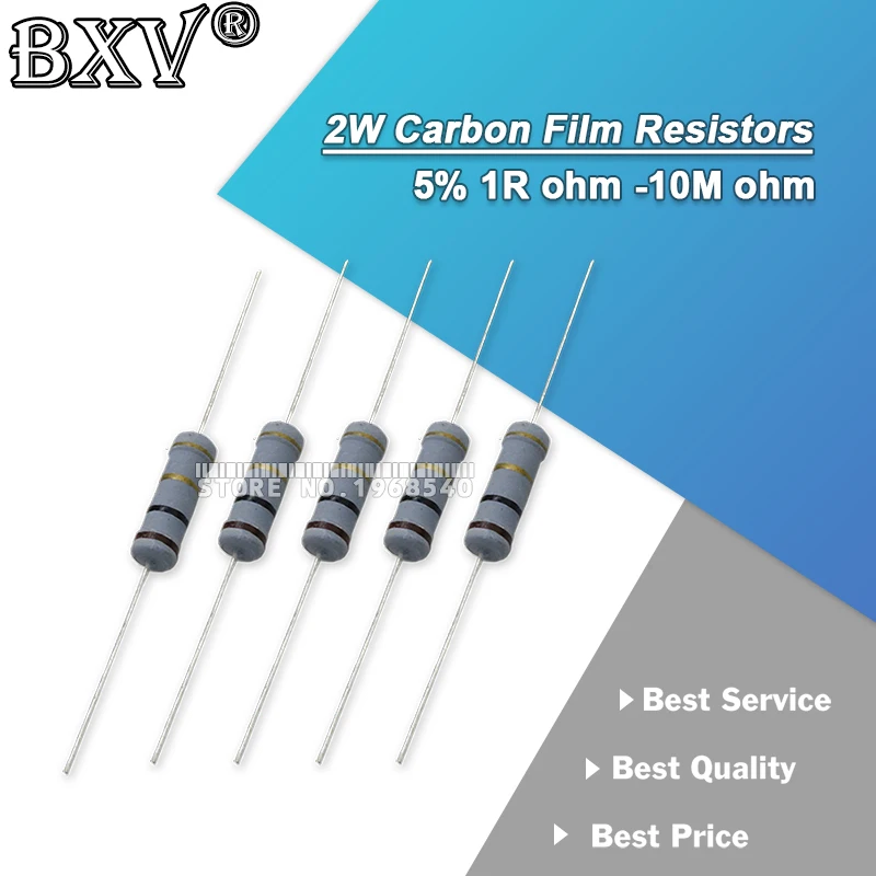 20PCS 2W Carbon Film Resistors 5% 1R-10M 10R 15R 47R 100R 220R 1K 10K 4K7 100K 560K 1M 3M3 Ohm Color Ring Resistance 200K 