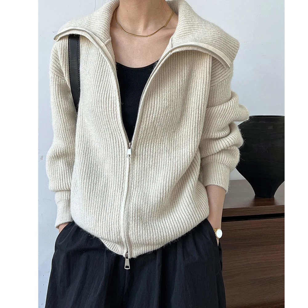 2024 nuove donne colletto rovesciato maglione manica lunga cerniera design cardigan vestiti top per le donne maglione invernale pull femme