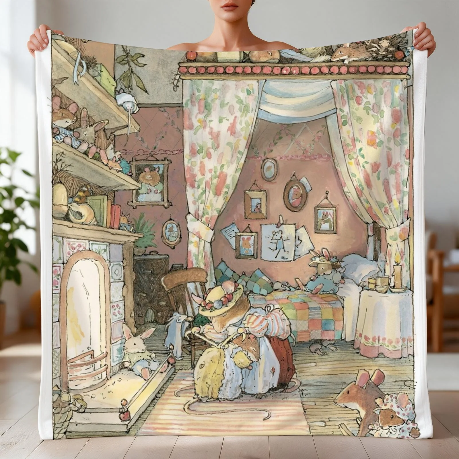 Lady Woodmouse gets Primrose ready for bed Throw Blanket decorative Luxury St Bed Blankets