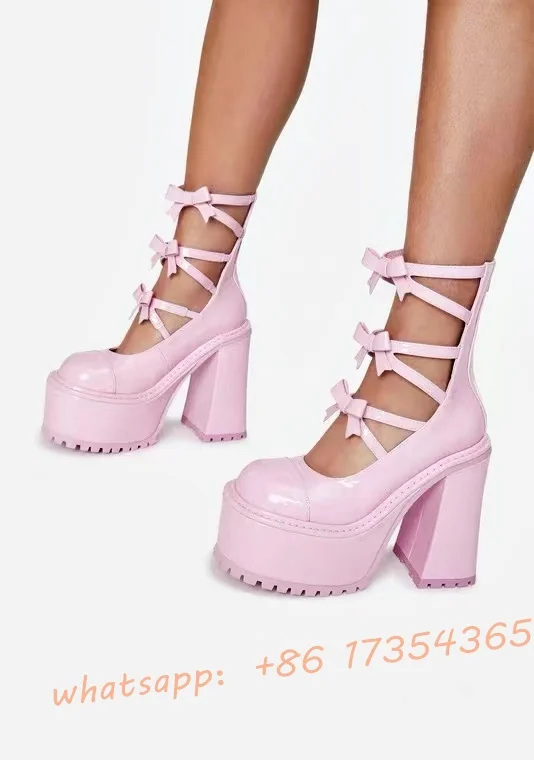 Pink Platform Chunky Heel Mary Jane shoes Lady Round Toe Sweet Punk Bow Back Zipper Hollow out Boots Sexy Spring Lolita Shoes