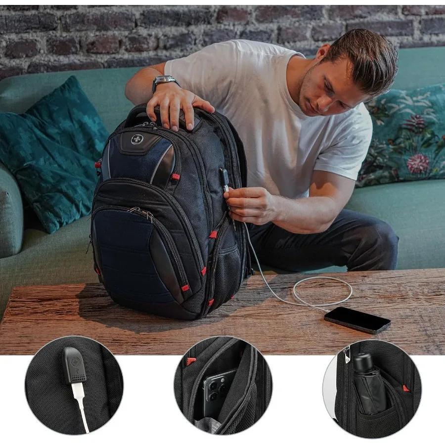 حقيبة ظهر للكمبيوتر المحمول للرجال بتصميم Swissdigital للرجال بسعة كبيرة حقيبة سفر للأعمال باللون الأسود/الأزرق J14-12