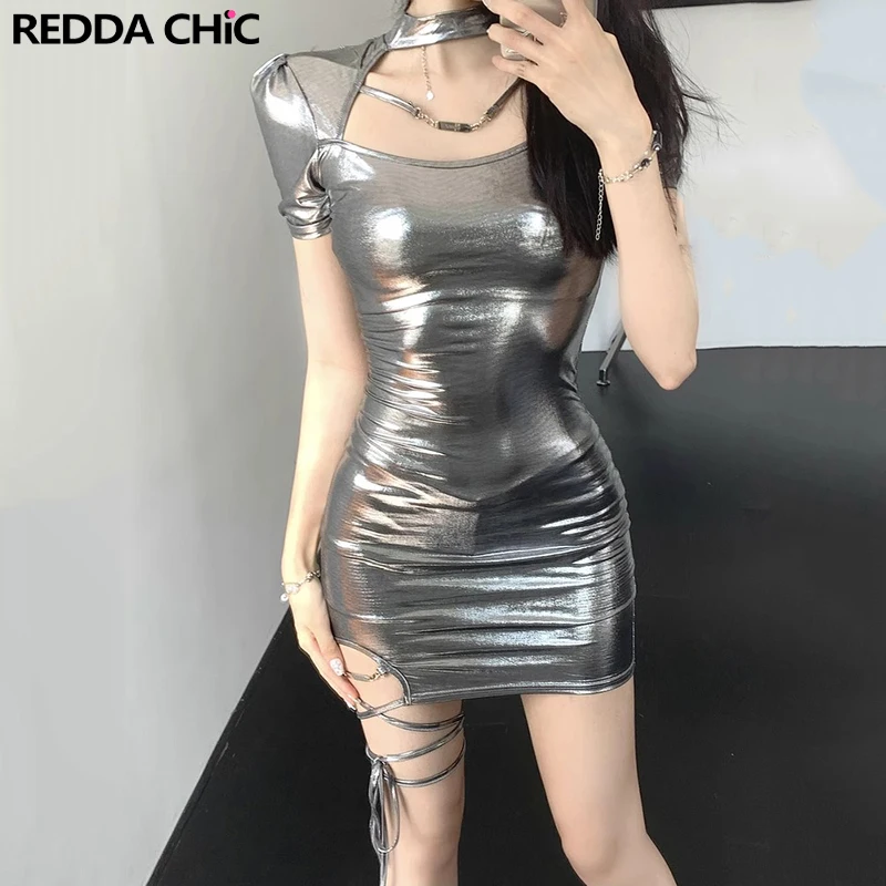 REDDACHiC Silver Metallic Gown Women Bandage Bodycon Dress Halter maniche corte Y2k Vintage Cyberpunk Music Festival Clubwear