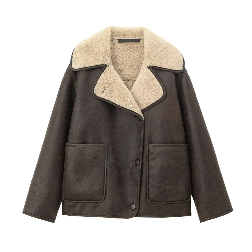 UNIZERA Pocket Decor Single breasted Warm Coat Autumn/Winter Fleece Collar Long Sleeve Women\'s Jacket Coat