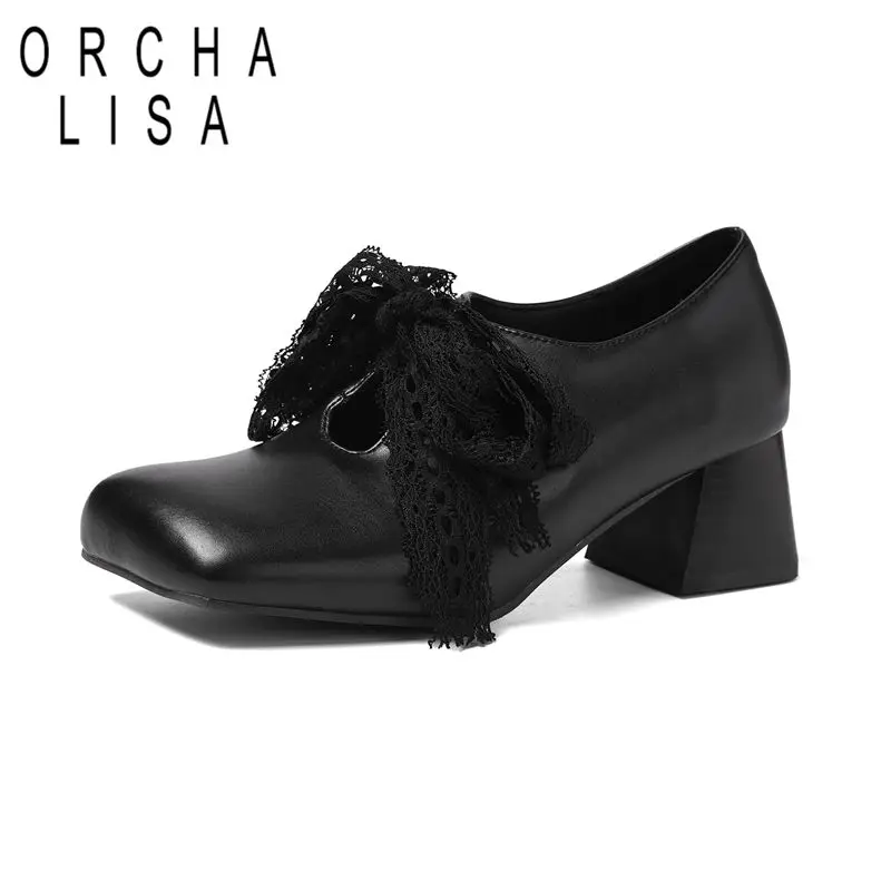 ORCHA LISA Brown Female Pumps Square Toe 5cm Chunky Heeled Slip On Bowknot Large Size 50 51 52 Soft Sweet Dating Shoes Footwear