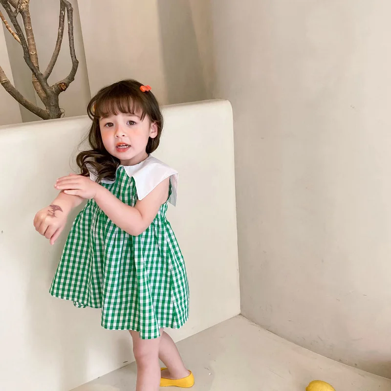 Girls' Plaid Dress with Big Collar Fresh Style Princess Dress25Summer New Foreign Trade Children's Wear Delivery