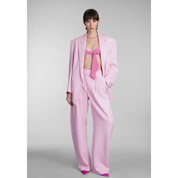 Fresh Pink Single Button Loose Women Pants Set High-end Female Two Pieces(Jacket+Trousers)أطقم بناطيل