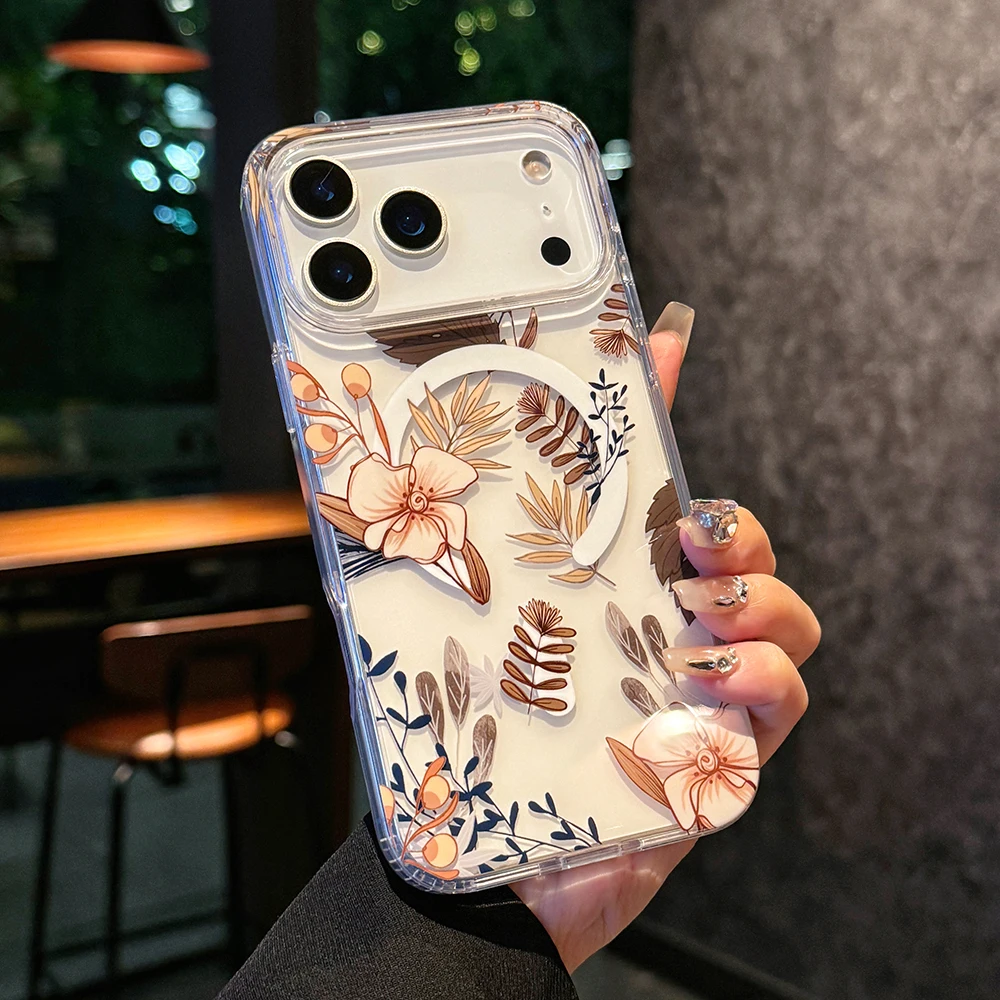 Luxuriöse Transparente Blumen-Magsafe-Handyhülle für iPhone 18 17 16 15 14 13 Pro Max 16E Magnetische Kabellose Ladefunktion Stoßfeste Hülle – Detail 5