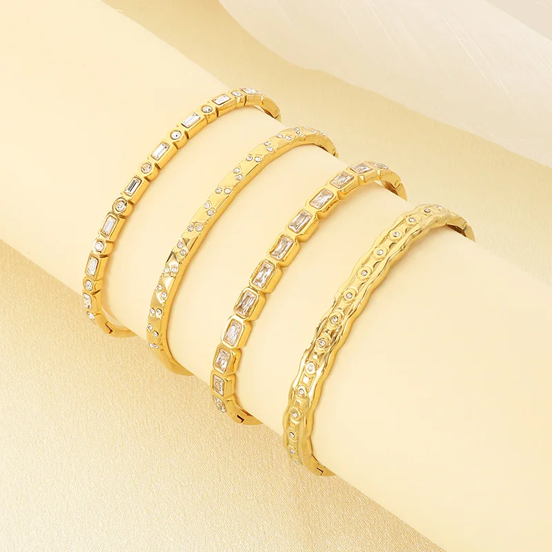 Women’s Gold Plated Stainless Steel Cuff Bracelet Textured Dot Wheat Grid Rhinestone Patterns Sparkling Luxe Glamorous Jewelry