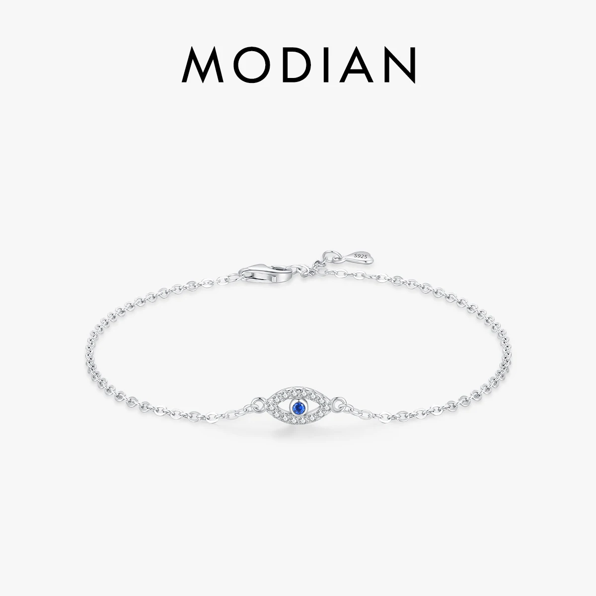 MODIAN Minimalist 925 Sterling Silver Pave Setting CZ Blue Eye Adjustable Bracelet Simple Chain Link For Women Fine Jewelry Gift