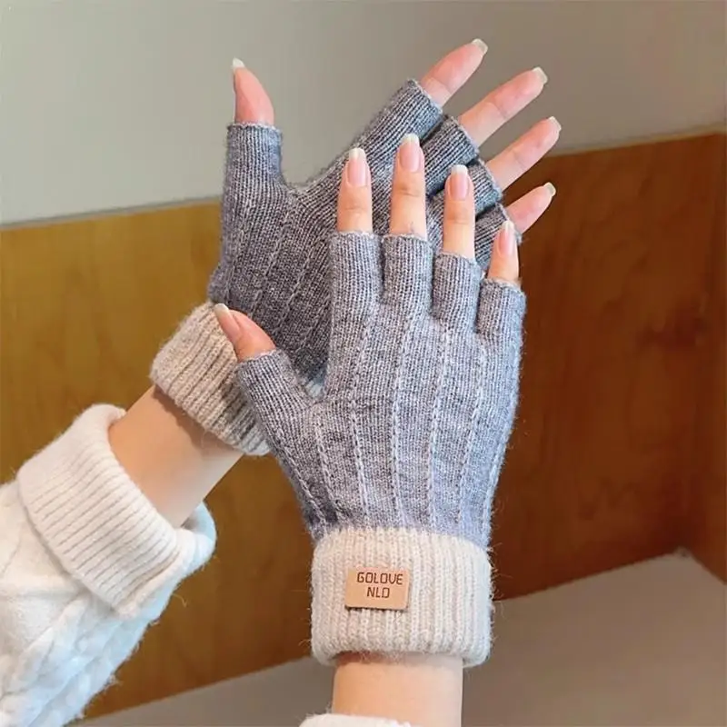Winter Fingerless Knitted Gloves Women Color Block Half Finger Mittens Warm Soft Typing Writing Gloves Wrist Warmers