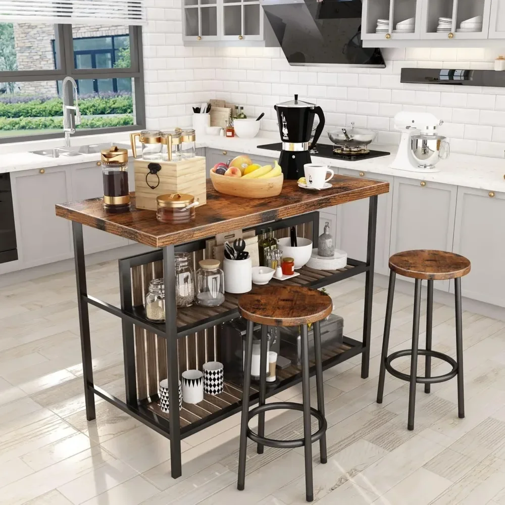 Kitchen Island with Storage &  Stools, Piece Dining Table Set, Space Saving Kitchen Island with Shelves Kitchen Island