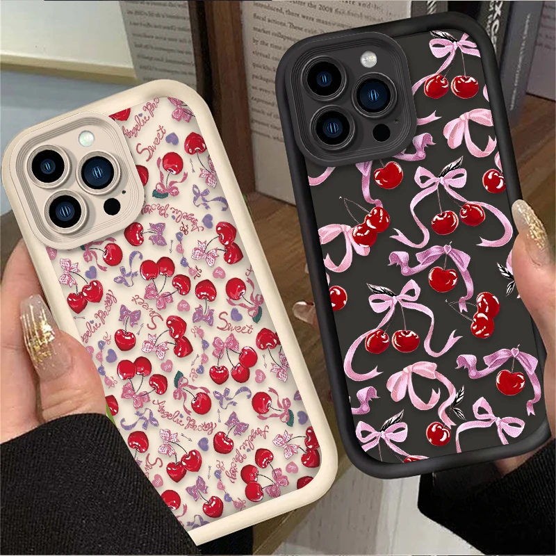 Full Screen Cherry Bow Phone Case For iPhone 16 14 15 13 12 11 Pro Max X XS X S Max XR SE 2020 7 8 Plus iphone16 Soft Back Cover