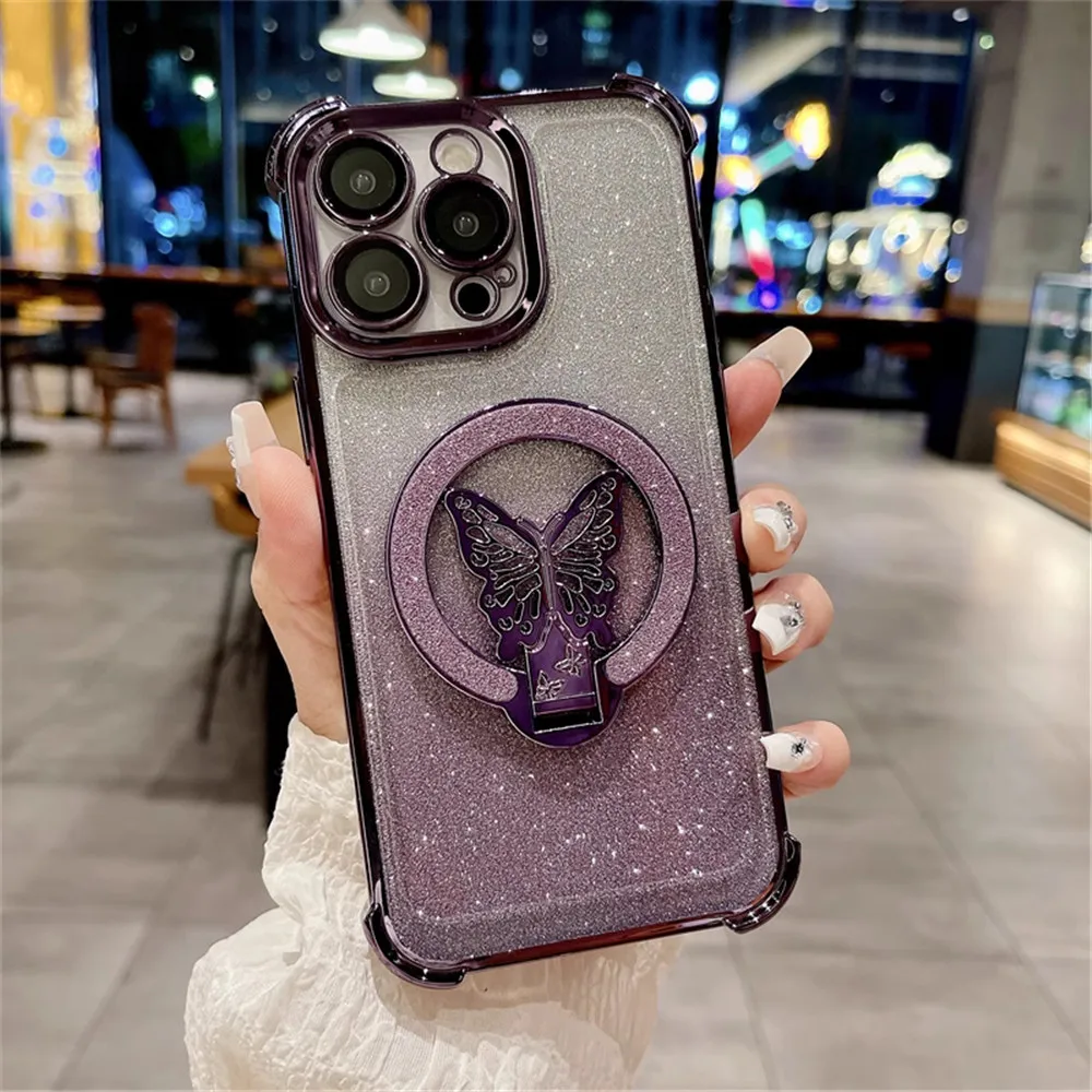 Butterfly Bracket Plating Glitter Phone Case For Samsung Galaxy A12 A22 A32 A52 A52S A13 A23 A33 A53 A73 4G 5G Shockproof Cover