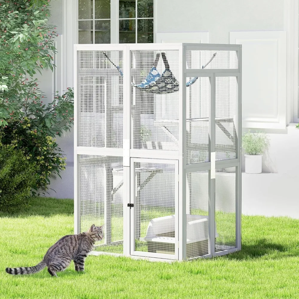 

Catio Outdoor Cat Enclosure, Wooden Catio with Window Access for Patio, Indoor Kitty House Cage (White)