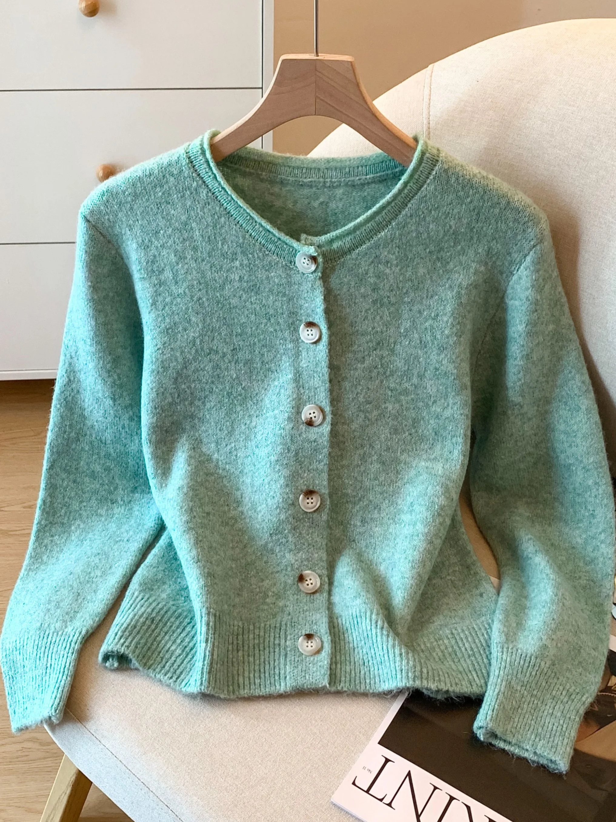 

Faionable Mint een Вязаный круглый открытый кардиган женский осенне-зимний свободный крой Long Sve Sweet Sle Рабочая одежда