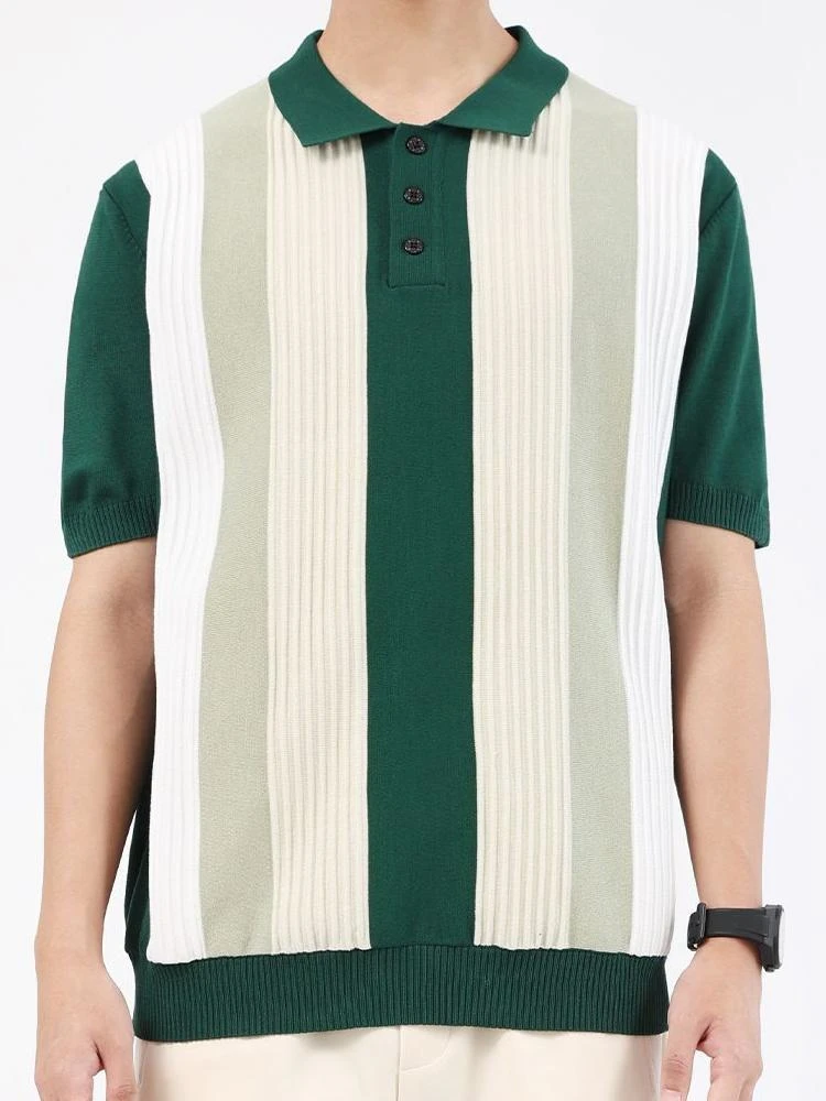 Men Stripe Print Polo Shirt Short Sleeve Knitwear Elastic Casual Summer Quality Icy Cool Comfortable Gentleman Camisas De Hombre