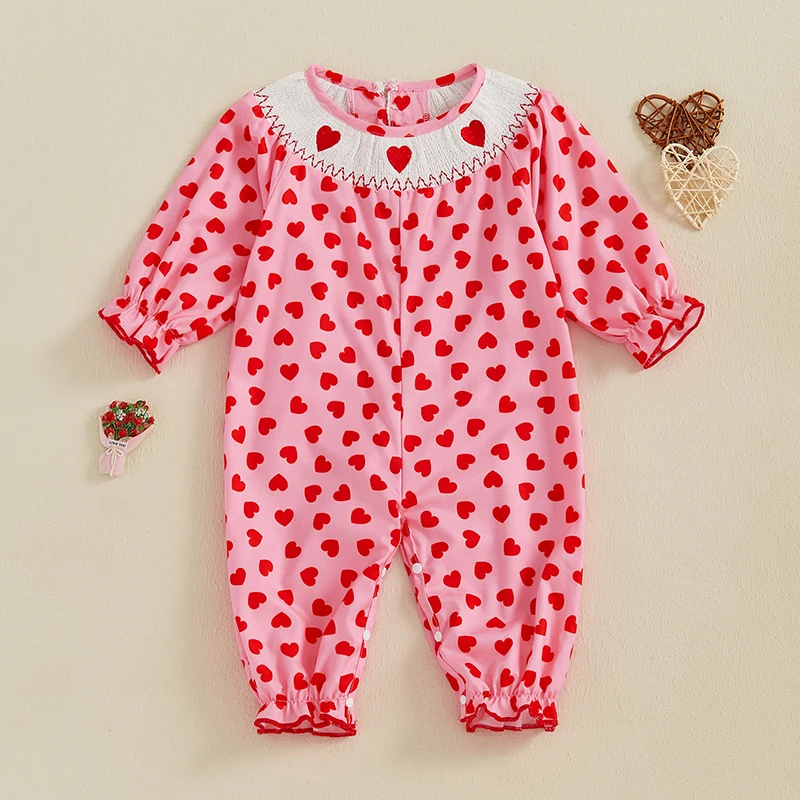 

0-24M Infant Baby Girl Rompers Cute Heart Print Long Sleeve Round Neck Smocked Jumpsuit Fall Spring Outfit for Valentine's Day