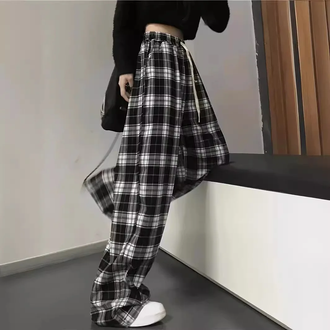 2025 Women's Clothing Pants summer hot thin high waisted hanging straight tube loose casual black white checkered pants Capris