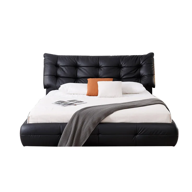 

Italian minimalist black cow leather bed black lazy style leather high-end bed