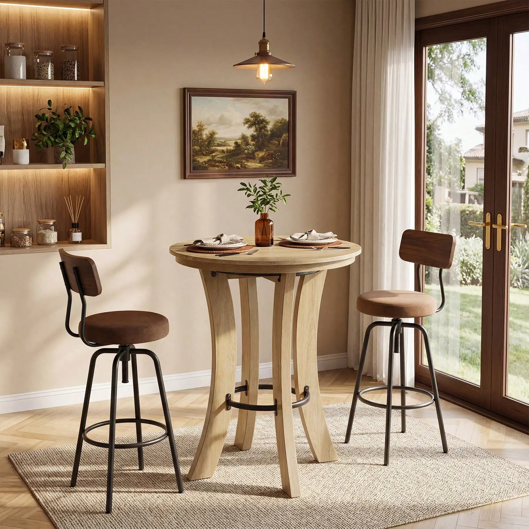 

39.4" H Wood Round Bar Table, Pub Table With Metal Footrest, Modern Organic Bar Height Bistro Cocktail Table For Coffee Bar, Kitchen, Dining Room, Small Space, Light Brown (Table Only)