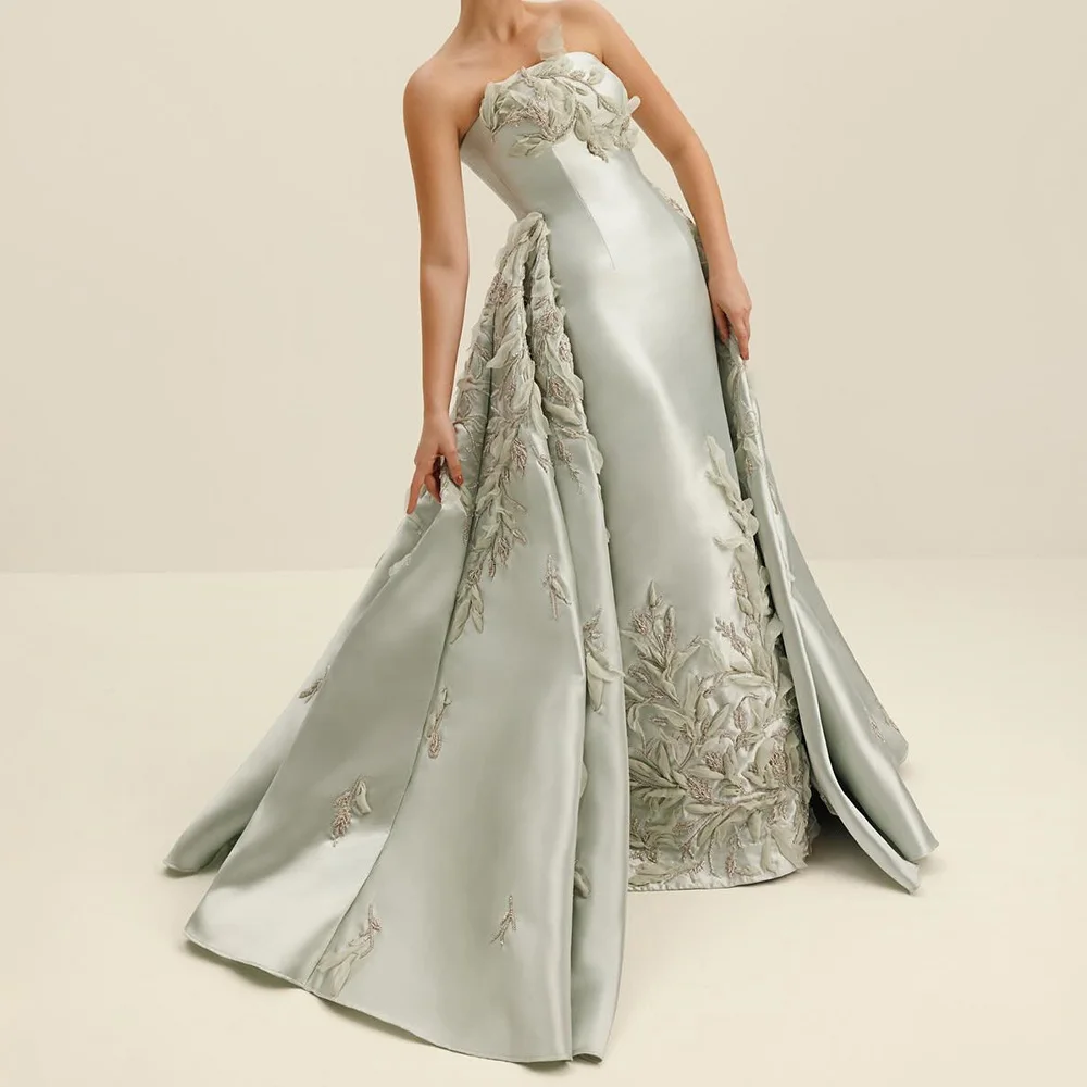 

Satin Sleeveless Strapless Floor Length Straight Evening Dress Panel Train Feathers and Beading Zipper Back Temperament