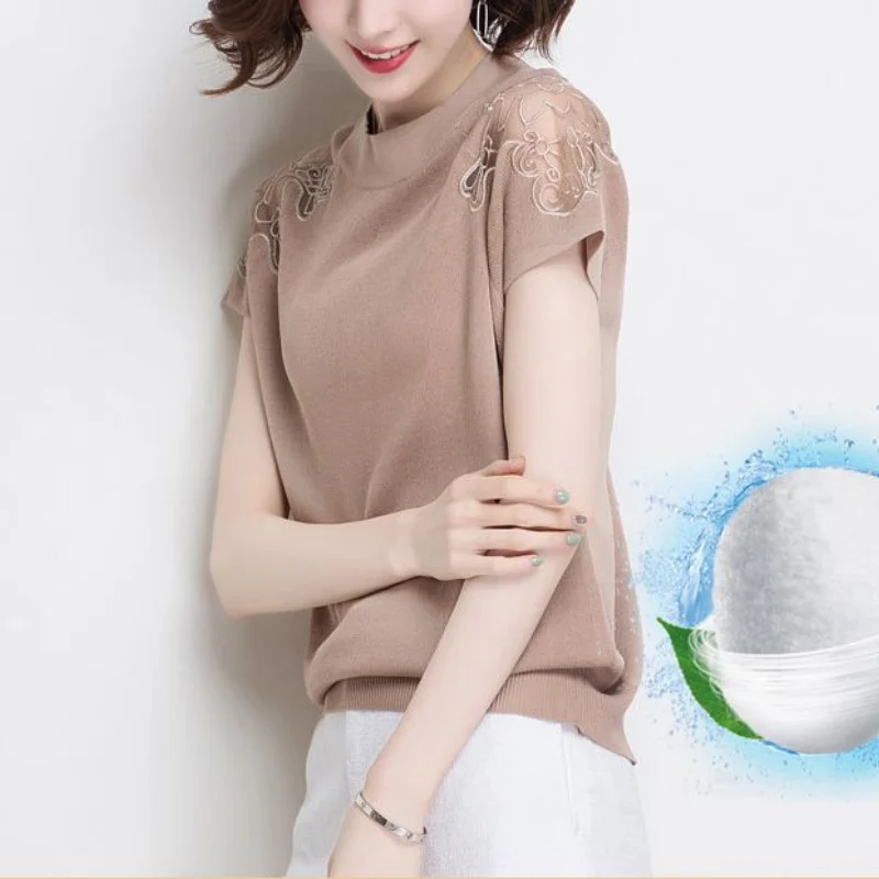 New Summer Women's Solid Colors O-Neck Short Sleeve Loose Thin Knitted Pullovers Spliced Lace Temperament Fashion Commute Tops