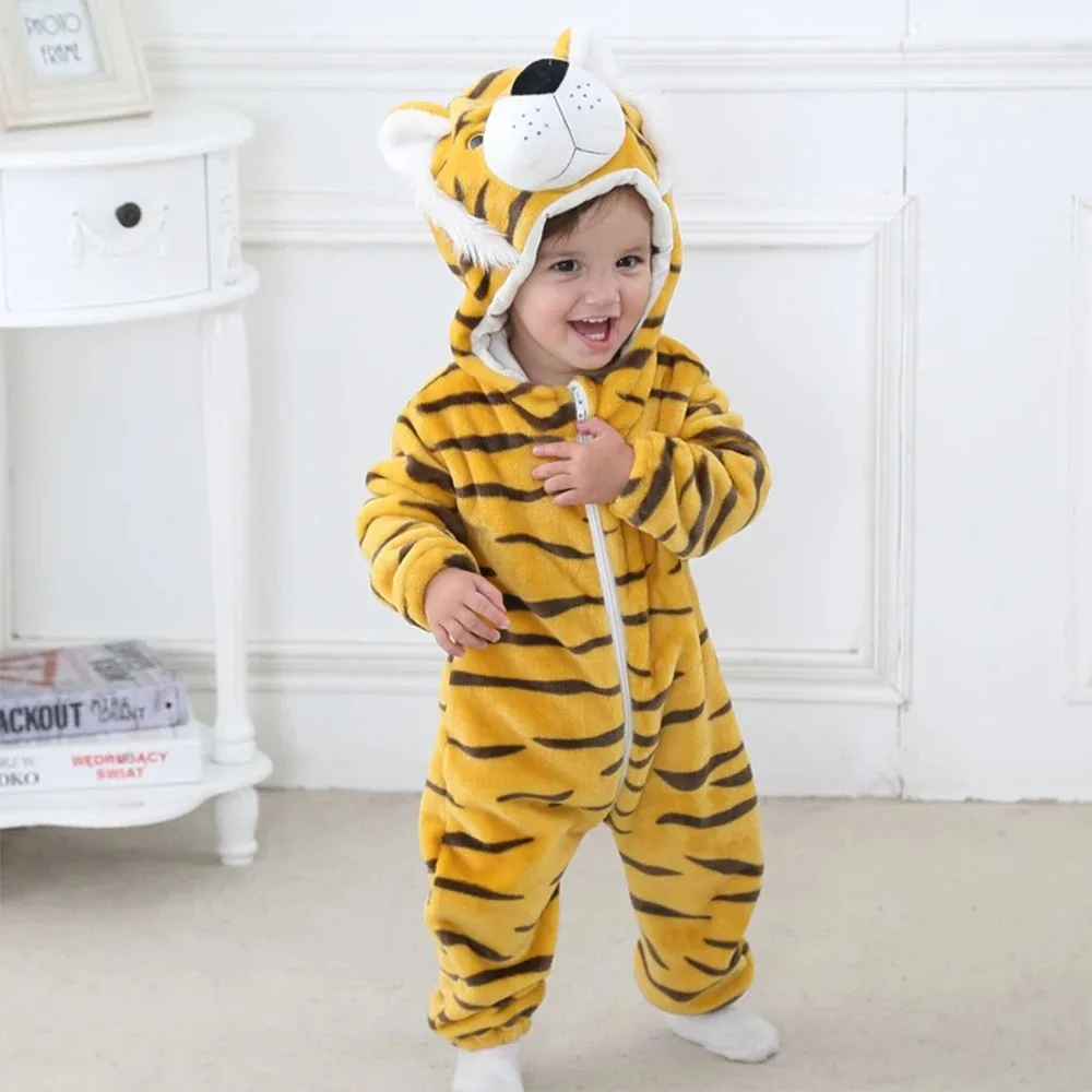 Flannel Hooded Jumpsuit Warm Thick Plush One Piece Romper With 3D Cartoon Head Design Front Full Zipper Bodysuit Soft Skin Friendly Lining Windproof Thermal Outfit For Daily Home Wear Birthday Photo Halloween Costume Holiday Dress Up Winter Warm Sleepwear