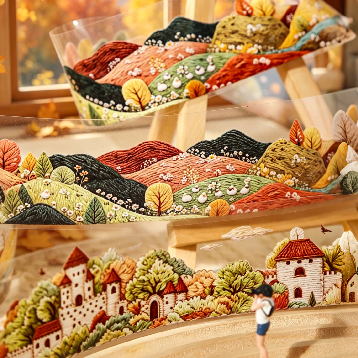 40mm*200cm Vintage Autumn Embroidery Tree Castle Landscape PET Tape Creative DIY Journal Material Collage Stationery