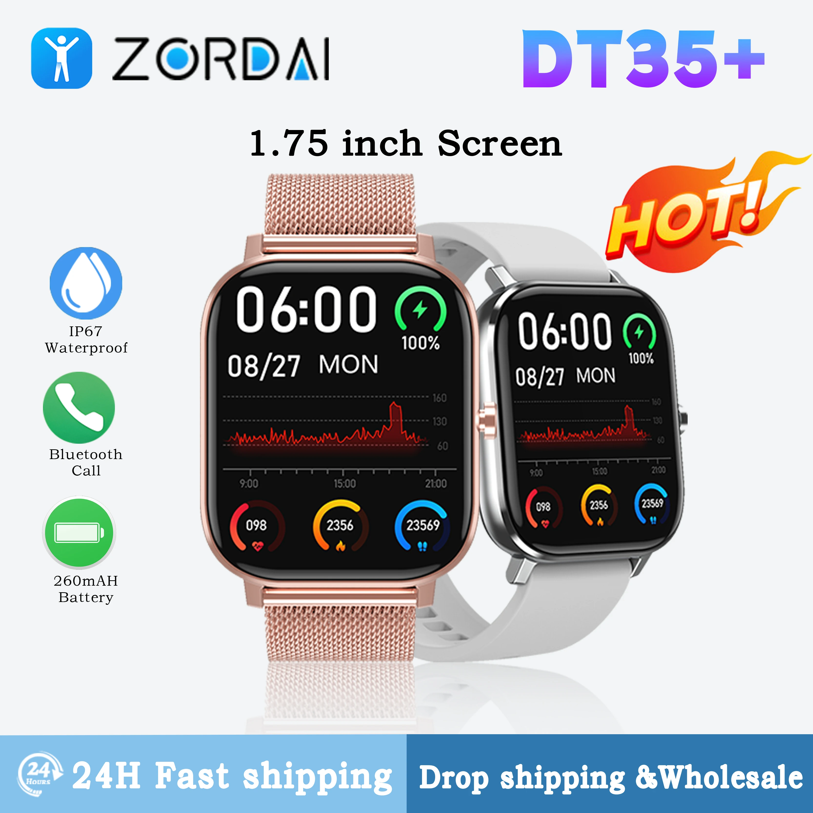 Zordai DT35+ Smart Watch For Men Women For Xiaomi Full Touch Screen Sport Fitness Watches Bluetooth Call Digital Smartwatch