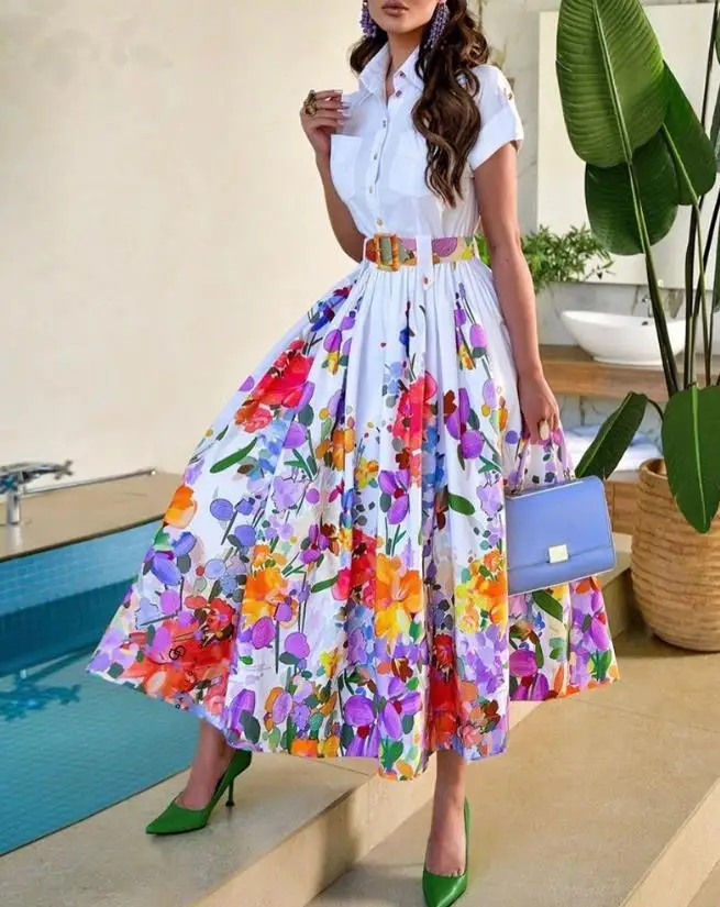 Elegant Dresses for Women Floral Print Ruched Buttoned Shirt Maxi Dress Vacation Fashion 2023 Summer Casual Female Clothing