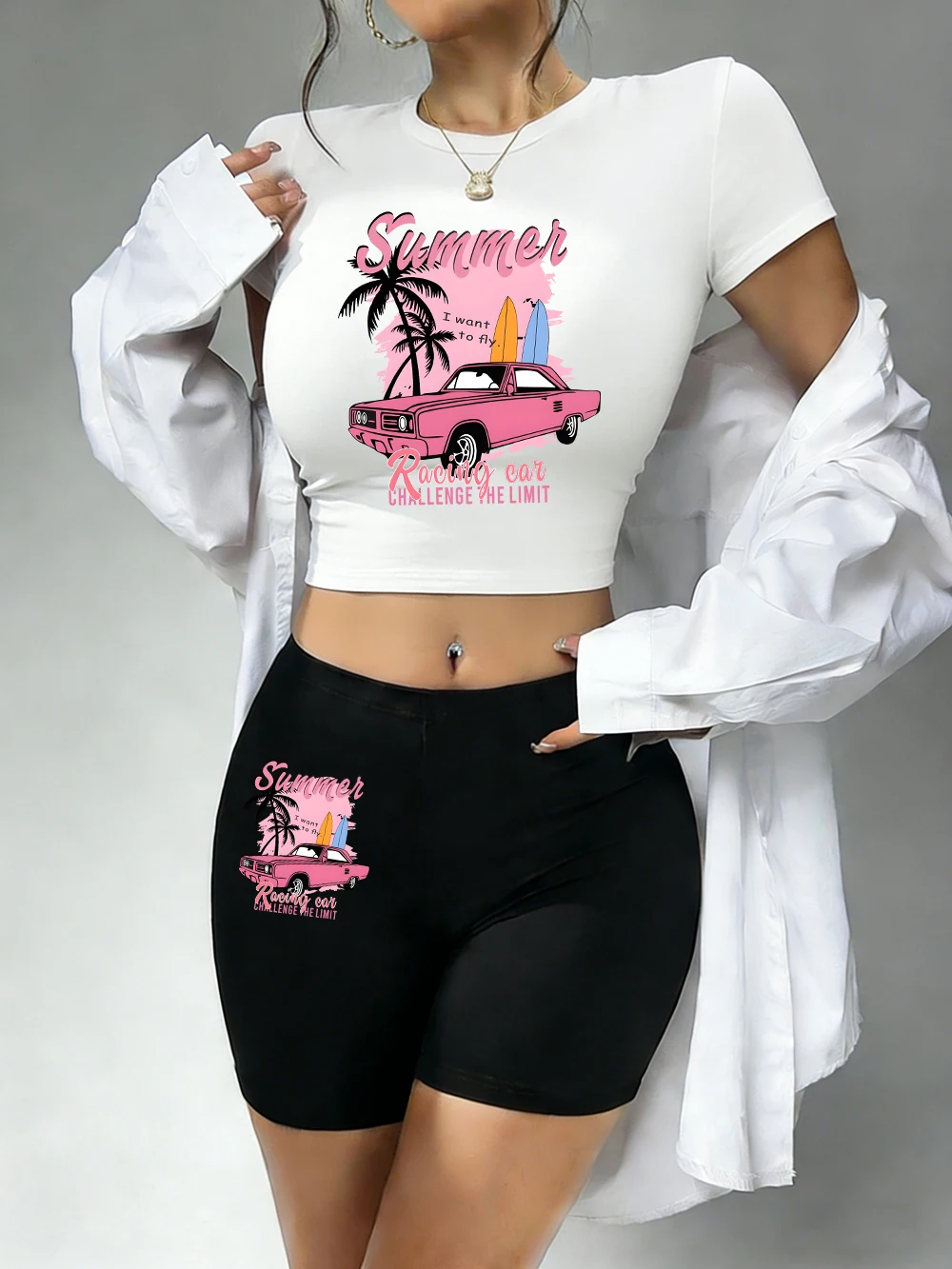 

Горячая новинка: летний комплект из укороченного топа и шорт с принтом гоночного автомобиля для женщин – облегающие футболки с круглым вырезом, высокоэластичная мягкая одежда