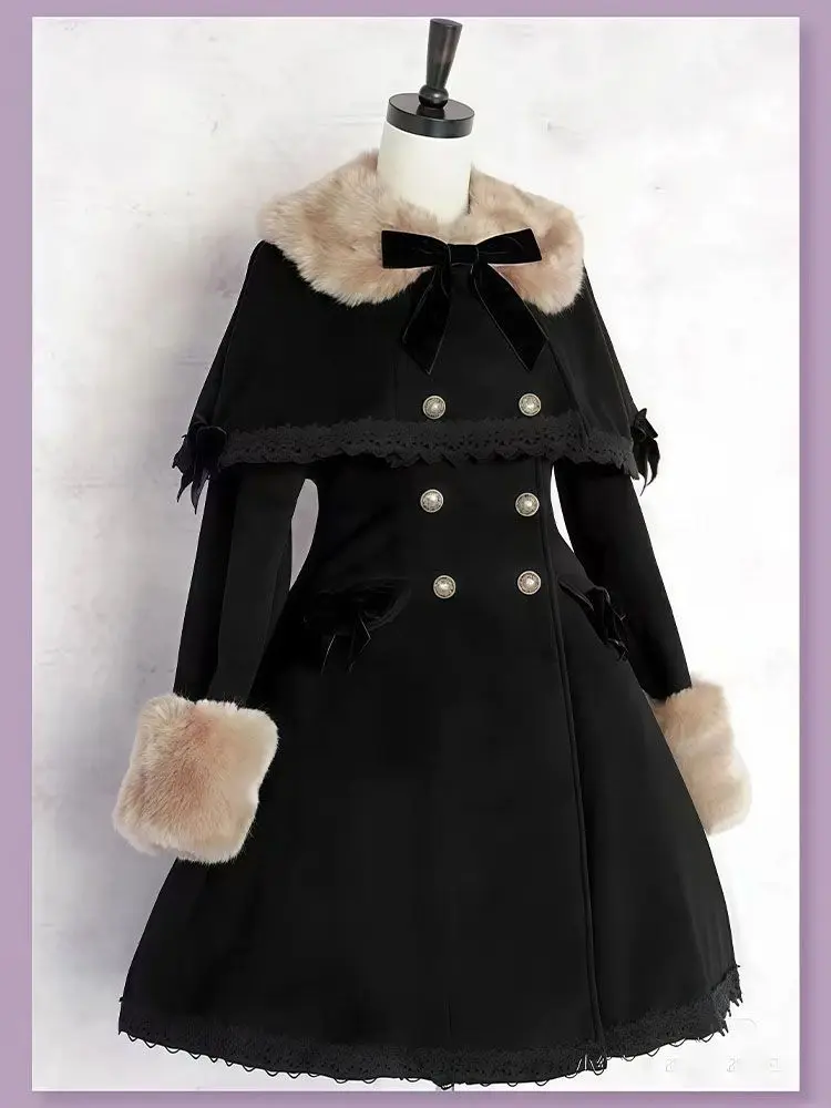 Japanese Retro Gothic Lolita 2-piece Set Elegant Sweet Collar Long Woolen Coat Bow Lace Edge Shawl Winter Holiday Party Cos Coat