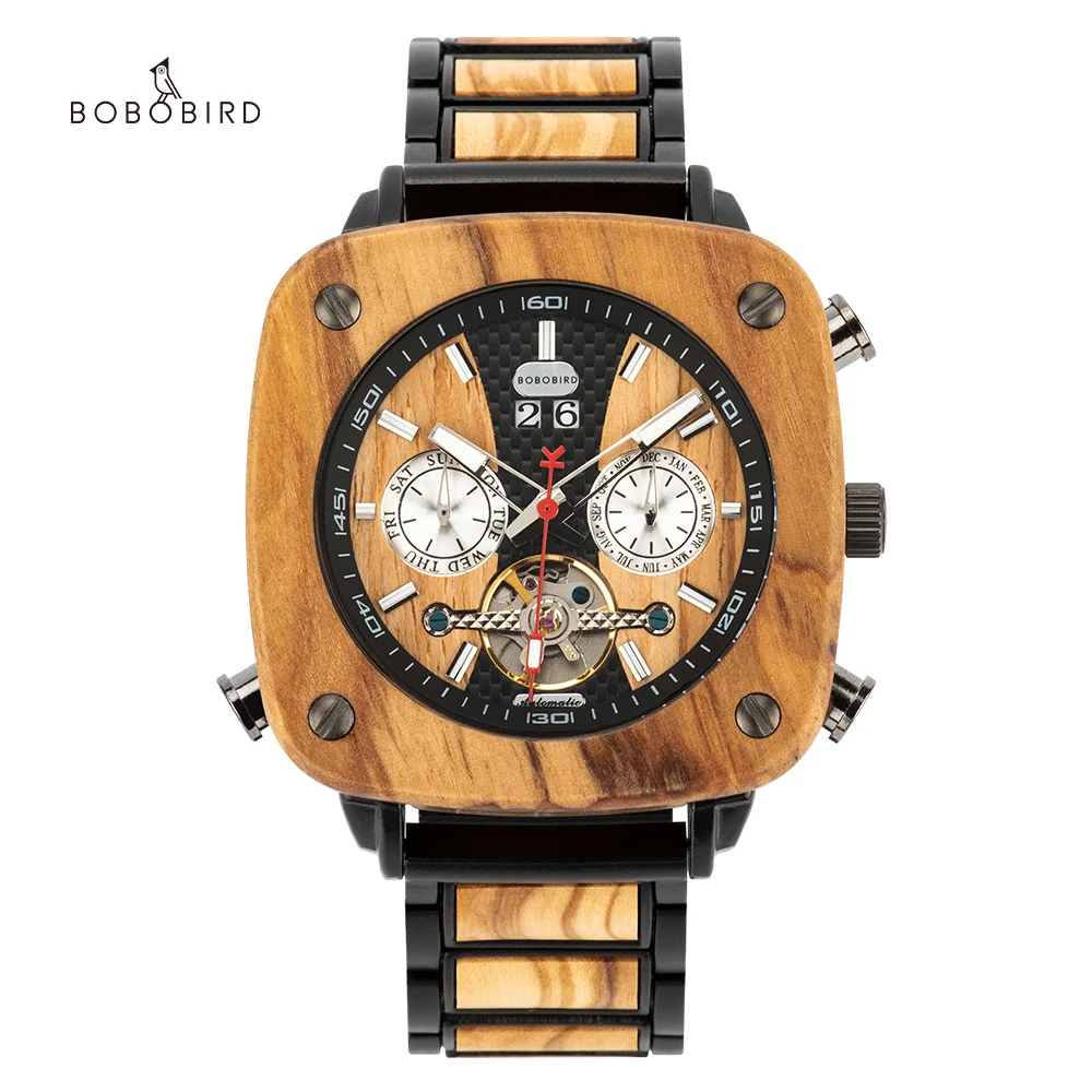 BOBO BIRD Week Display luxury men watches custom Automatic skeleton mechanical movement watch high quality wooden watches