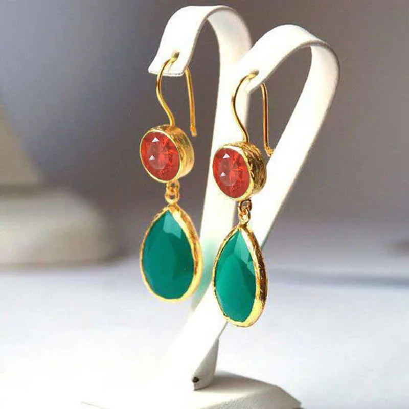 1Pair Elegance Exquisite Green Water Drop Stone Earring Boho Vintage Golden Metal Inaly Red Crystal Earrings For Women Jewelry