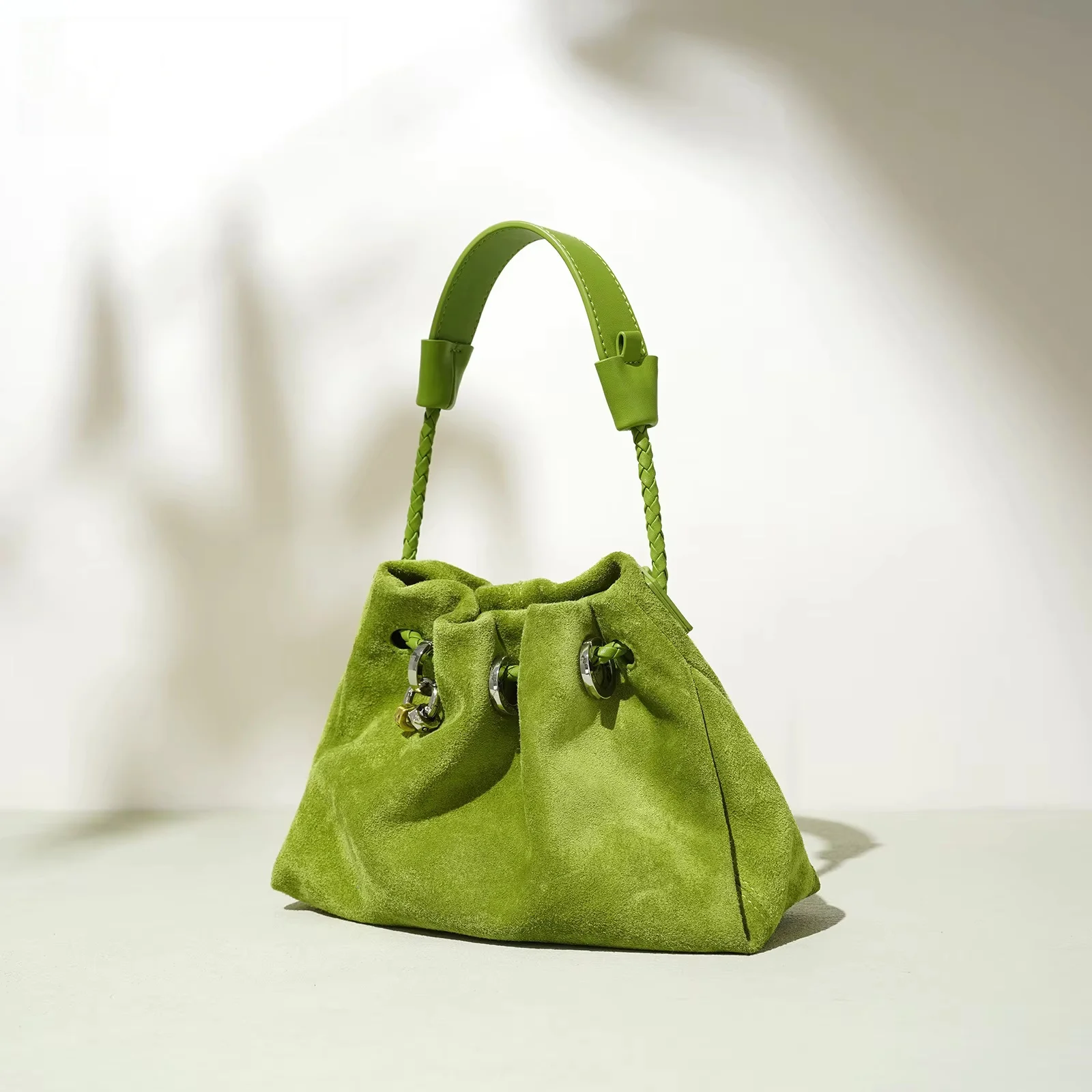 Women's Suede Cow Leather Shoulder Bag Green Orange Red Lucky String Close Gift Pouch Laziness Leisure Handbag