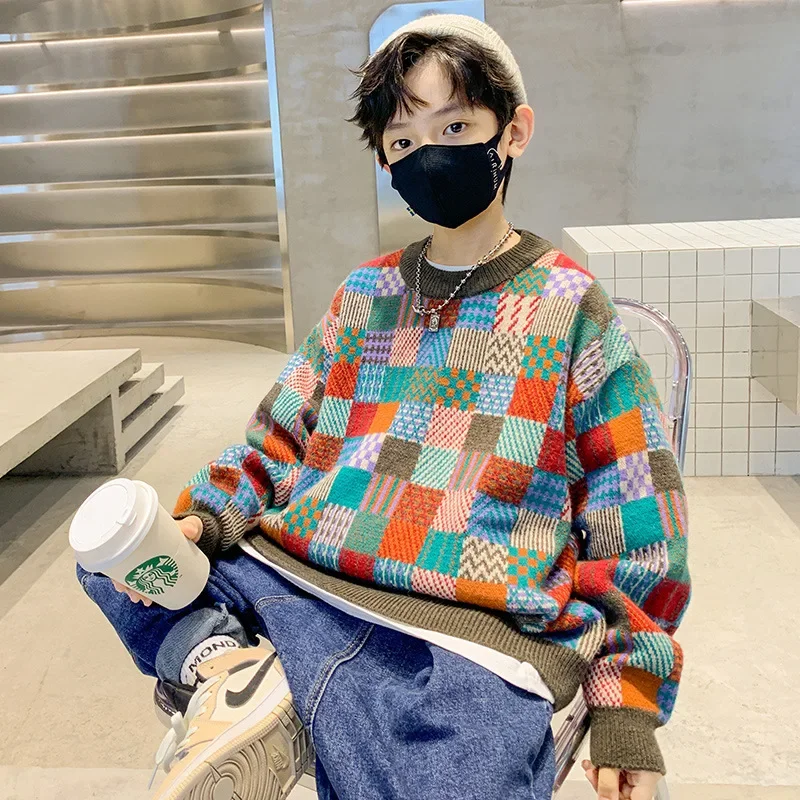 

Boy Sweater Winter Plaid Sweater Autumn and Winter 2025 New Thickened Pullover Children Knitted Sweater Casual Warm Tops