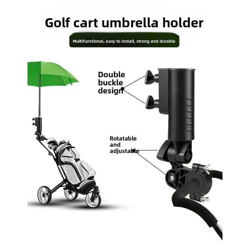 Golf Cart Umbrella Holder Adjustable Double Clamp Mount for Push Cart Bag Trolley, Golf Accessories