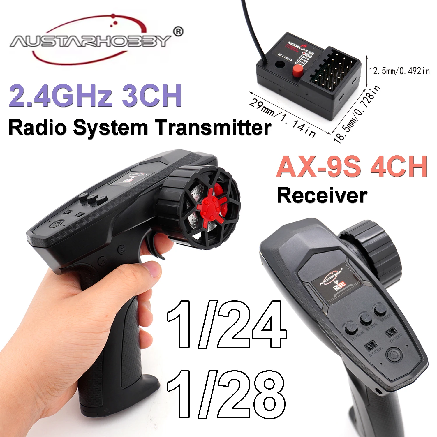 

AUSTARHOBBY 2.4GHz 3CH Radio System Transmitter Remote Controller & AX-9S 4 Channel Receiver for 1/24 1/28 RC Car Boat Parts