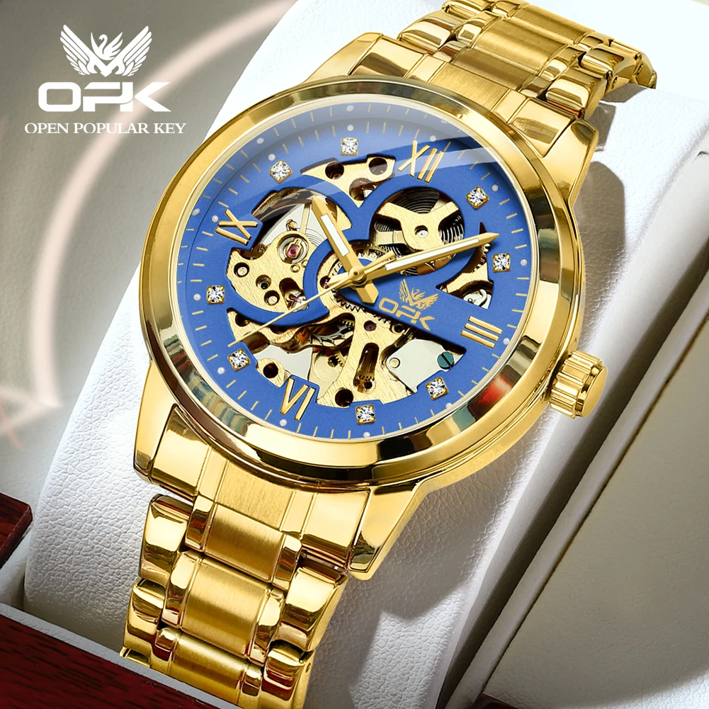 OPK Automatic Mechanical Men\'s Watch Skeleton Hollow Stainless Steel Luminous Waterproof Wristwatch Relógio Masculino 9901