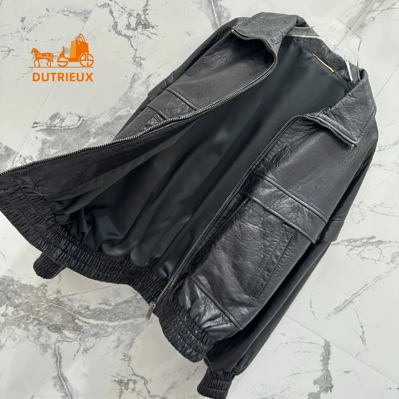 Winter Two-color Optional Waxy Motorcycle Jacket Lapel Mid-length Unisex Style, 100% Genuine Sheepskin Versatile Fashion Coat