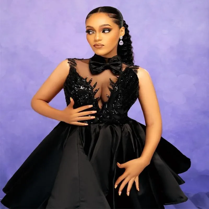 

Customized Black A-Line Mini Short Girl PROM Dress Sexy Turtleneck Applique Lace Beaded Mini Party Graduation Evening Dress 2025