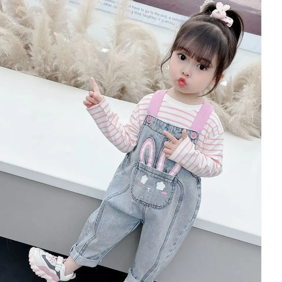 Kids Jeans Casual Jumpsuits Fashion Girls Autumn Clothes Cute Wings Cartoon Baby Overalls Denim Suspender Pants Toddler Rompers