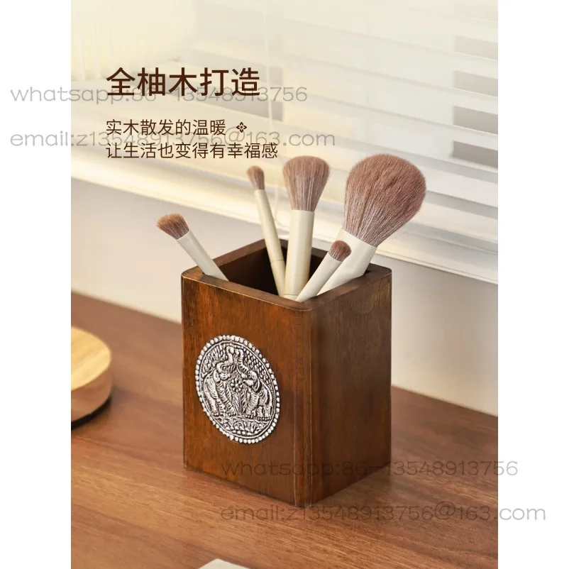 

Solid Wood Creative Pen Holder Retro Chinese Wooden Makeup Brush Storage Holder Desktop Pen Holder Storage Box Ornament
