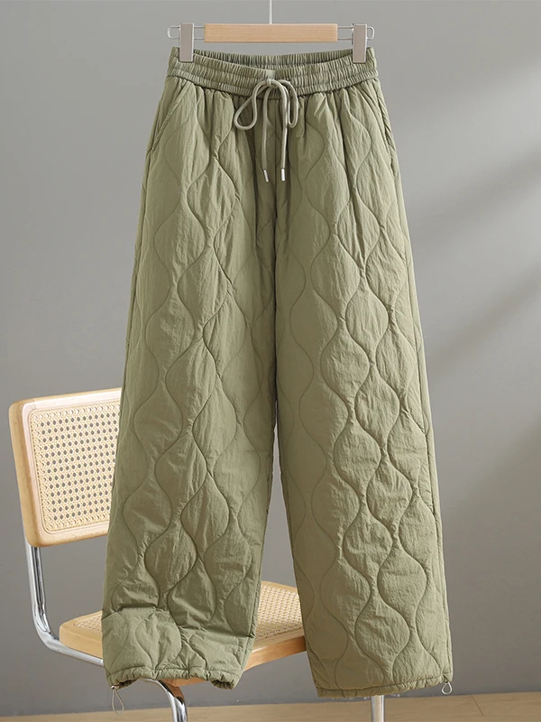 Thickened Cotton Pants Women's Autumn Winter Warm Casual Wide Leg Long Trousers Drawstring Elastic Waist Quilted Filling