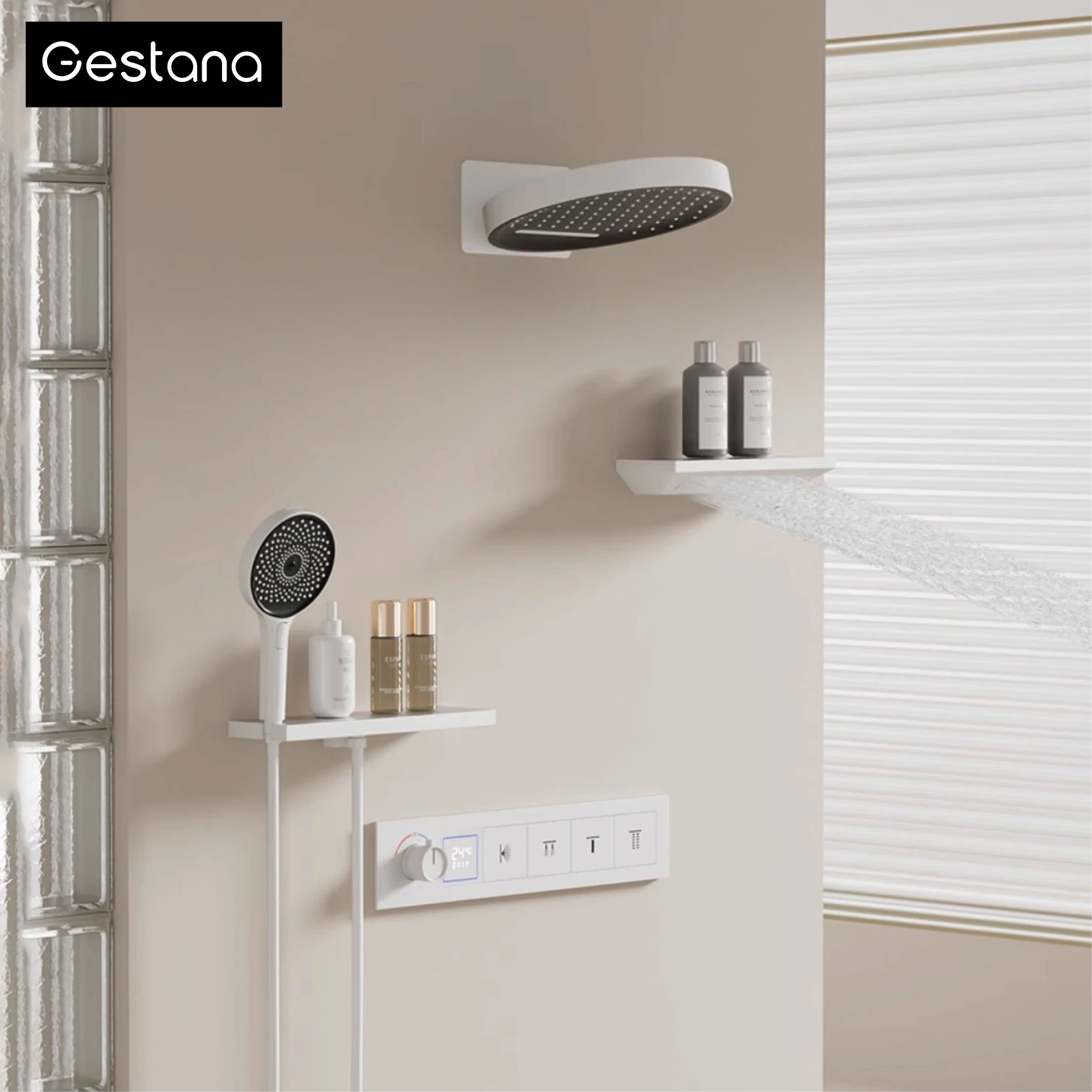 

Wall mounted white brass thermostatic shower system. LED digital display design for hot and cold water 4 function bathroom mixer