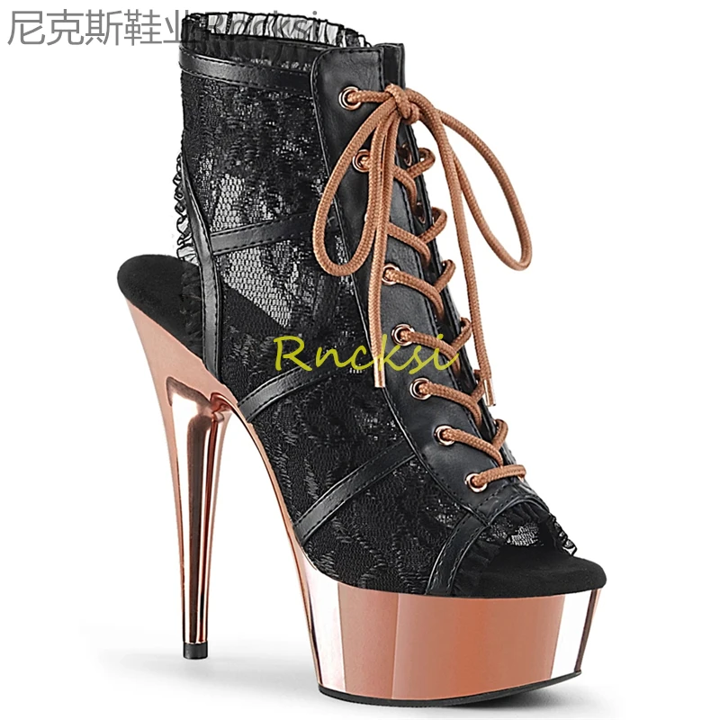 

Rncksi 15cm low boot lace mesh runway sandals sexy dress with shoes