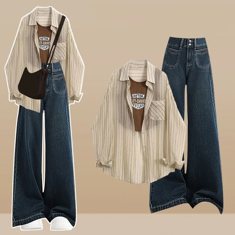 

Женские летние полосатые солнцезащитные рубашки, жилет с надписью, джинсовые брюки, костюмы-тройки, женская повседневная блузка, топы на бретелях, джинсовая одежда 2025