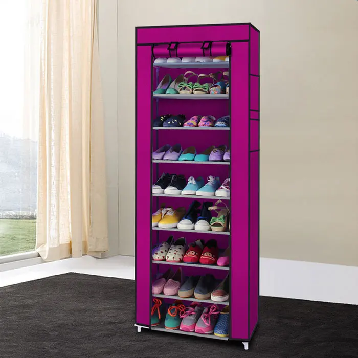 Fashionable Room-saving 9 Lattices Non-woven Fabric Shoe Rack Rose Red